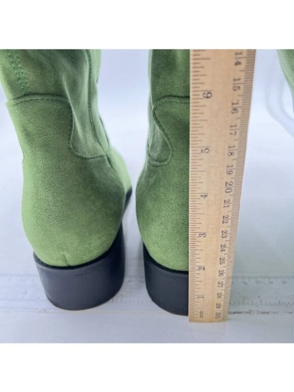 Knee High Boots Women Faux Leather Elastic Boots Low Heel Round Toe Green